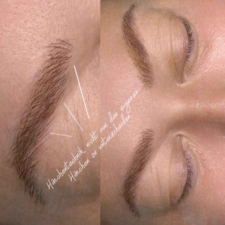 Vorher-Nachher-Ergebnis der Härchentechnik beim Permanent Make-up der Augenbrauen in Hamburg