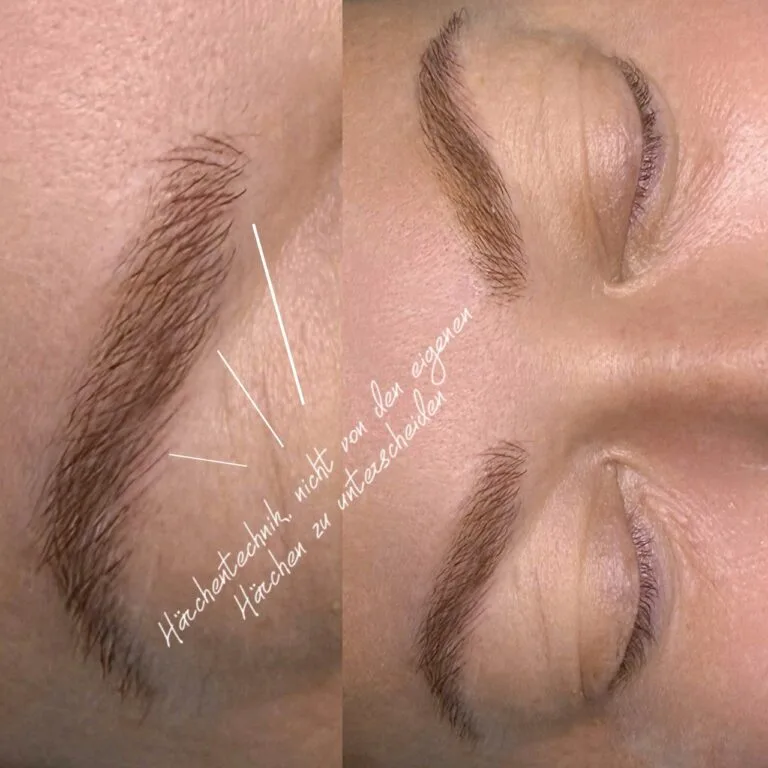 Vorher-Nachher-Ergebnis der Härchentechnik beim Permanent Make-up der Augenbrauen in Hamburg