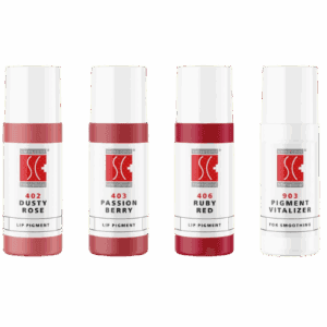 Vier Swiss Color Pigmente für Permanent Make-up Lippenbehandlungen: Dusty Rose, Passion Berry, Ruby Red und Pigment Vitalizer