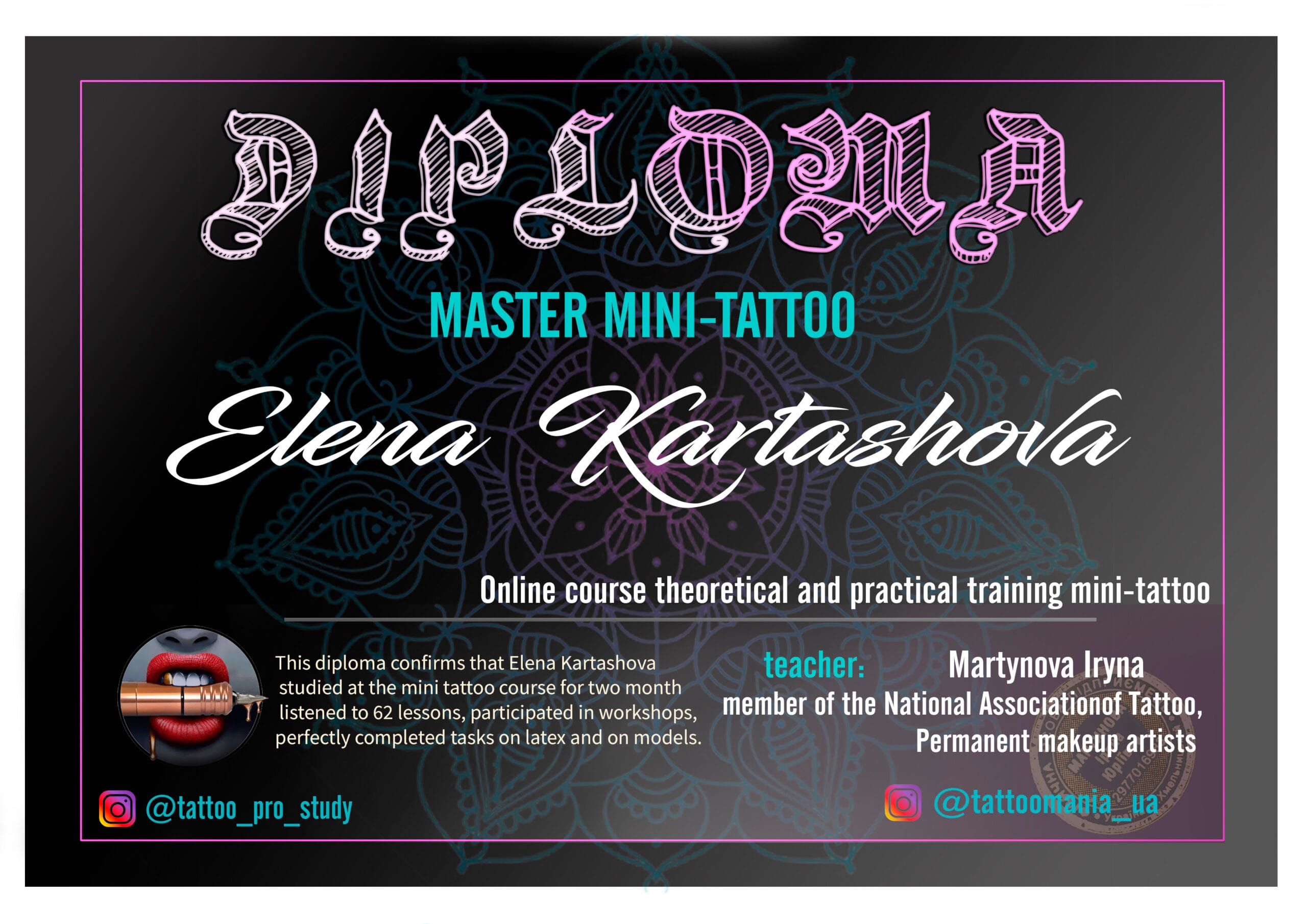 Zertifikat Mini-Tattoo Master von Elena Kartashova für theoretische und praktische Ausbildung in Mini-Tattoos
