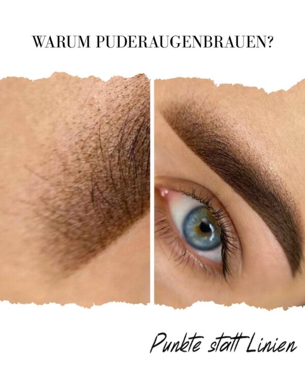 Vergleich Powder Brows vorher und nachher – natürliche Augenbrauen mit sanfter Pudertechnik, Punkte statt Linien